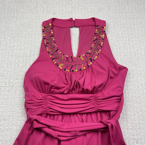 Pink Sleeveless Fit & Flare Cocktail Dress Embellished Scoop Neck Ruched Read - Picture 3 of 10